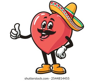 Coração de Amor com sombrero, Desenho Animado Mascote Ilustração Personagem Vetor Clip-art Desenhado à mão Logo Design