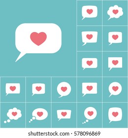 love heart, speech bubble icon on blue background, dialog box set
