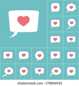 Love Heart, Speech Bubble Icon On Blue Background, Dialog Box Set