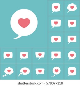 love heart, speech bubble icon on blue background, dialog box set
