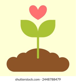 Love Heart Sprout Seedling Leaf Plant in Soil Dirt. Gardening Earth Day Environment Eco Friendly Ecology. Logo Icon Simple Cute Flat Vector Print Campaign. Love Grows Here.