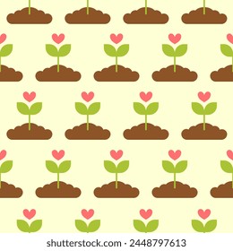 Love Heart Sprout Seedling Leaf Blossom Plant in Soil Dirt Compost Pattern Seamless Repeating. For Print Textile Fabric Cloth Background. Gardening Earth Day Spring Cute Nature Environment.