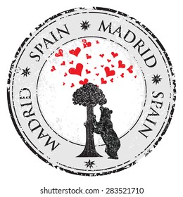 Love heart stamp with statue of Bear and strawberry tree and the words Madrid, Spain inside, vector illustration 