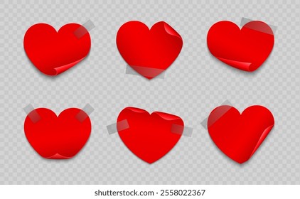 Love heart stickers of valentine day holiday. Vector red heart shaped paper sticky notes with curled edges, glued with tape evoke feelings of love, affection and emotions for romantic date or wedding