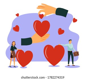 Love heart symbol with holding hands, flat tiny person vector illustration. Charity and volunteering activity concept. Social support and awareness campaign. Abstract hope and protection artwork.