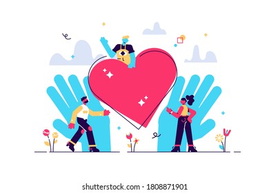 Love heart symbol and holding hands  flat tiny person vector illustration  Charity   volunteering activity concept  Social support   awareness campaign  Abstract hope   protection artwork 