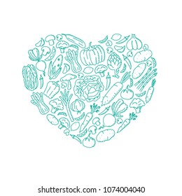 Love Heart symbol Vegetable pattern set illustration kids hand drawing concept design green color, isolated on white background, vector eps 10
