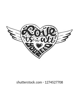 Love in heart tattoo, Romantic love graphic icon. Inspirational quote in heart with wings. Hand drawn fancy lettering. Vector vintage letters. Valentine day symbol, weeding design element background
