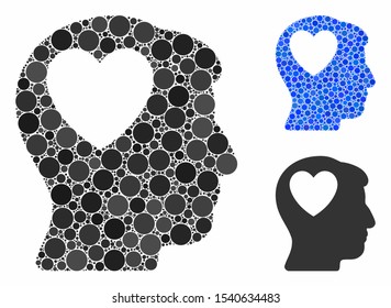 Love heart think composition of filled circles in variable sizes and color tints, based on love heart think icon. Vector filled circles are composed into blue illustration.
