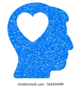 Love Heart Think grainy textured icon for overlay watermark stamps. Flat symbol with unclean texture. Dotted vector blue ink rubber seal stamp with grunge design on a white background.