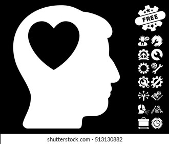 Love Heart Think icon with bonus settings design elements. Vector illustration style is flat iconic white symbols on black background.