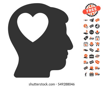 Love Heart Think icon with free bonus pictograph collection. Vector illustration style is flat iconic symbols, orange and gray colors, white background.