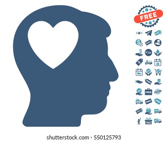 Love Heart Think icon with free bonus design elements. Vector illustration style is flat iconic symbols, cyan and blue colors, white background.