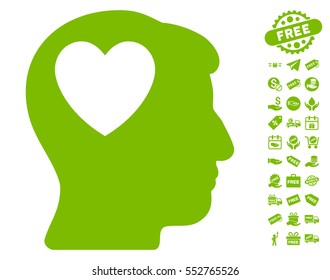 Love Heart Think icon with free bonus clip art. Vector illustration style is flat iconic symbols, eco green color, white background.