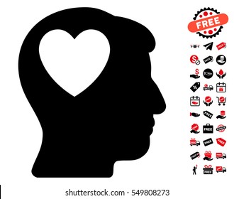 Love Heart Think pictograph with free bonus pictograms. Vector illustration style is flat iconic symbols, intensive red and black colors, white background.