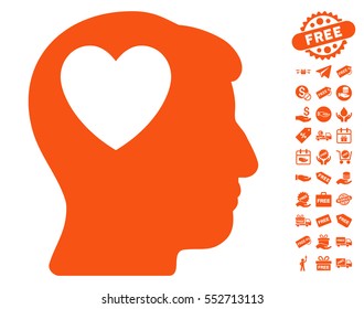 Love Heart Think pictograph with free bonus pictures. Vector illustration style is flat iconic symbols, orange color, white background.