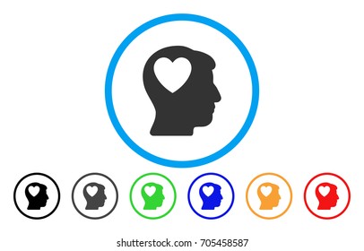 Love Heart Think vector rounded icon. Image style is a flat gray icon symbol inside a blue circle. Additional color variants are gray, black, blue, green, red, orange.