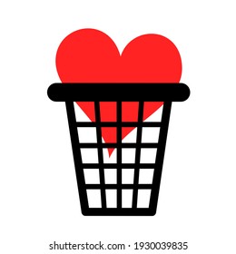 Love heart is thrown into garbage, trash, waste and rubbish. Metaphor of end of love relationship, split-up, and breakup. Vector illustration isolated on white.