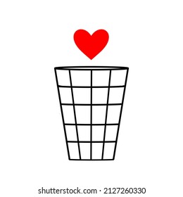 Love heart is thrown into garbage, trash, waste and rubbish. Metaphor of end of love relationship, split-up, and breakup. Vector illustration isolated on white.