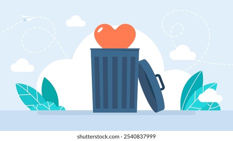 El corazón del amor es arrojado a la basura, basura, desperdicios y basura. Icono conceptual con el corazón roto. Metáfora del fin de la relación amorosa, separación y ruptura. Diseño plano. Ilustración vectorial