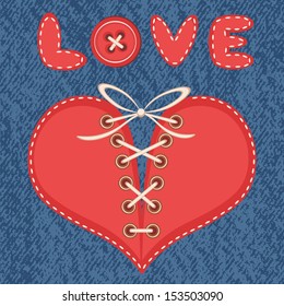 Love and heart (to lace up) on a jeans background. Creative vector illustration.