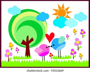 love heart  with two birds tree and beautiful sunshine for Valentine's day