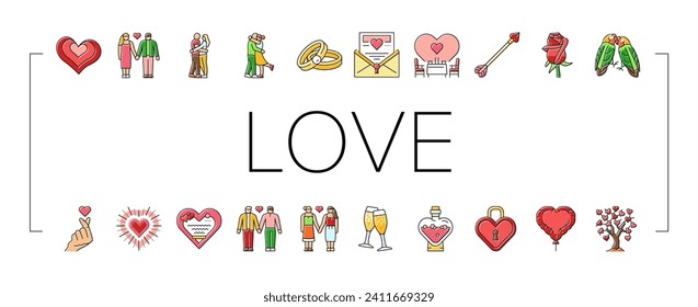 love heart valentine romantic icons set vector. card cute, red decoration, shape day, frame happy, wedding holiday, element, love heart valentine romantic color line illustrations