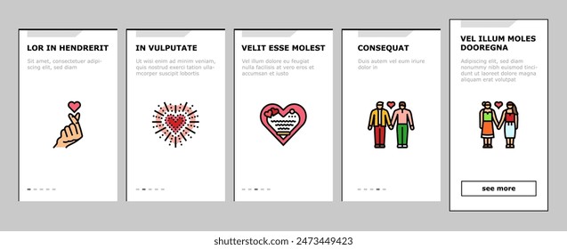 love heart valentine romantic onboarding mobile vector. card cute, red decoration, shape day, frame happy, wedding holiday, element, love heart valentine romantic Illustrations
