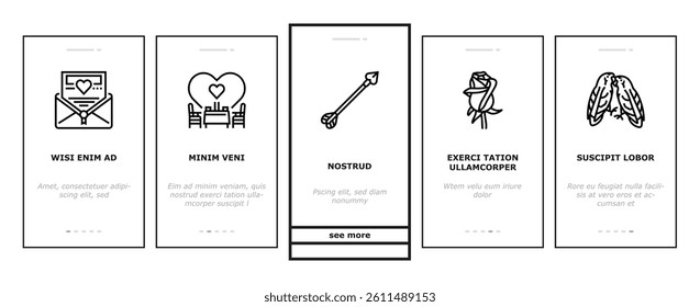 love heart valentine romantic onboarding mobile vector. card cute, red decoration, shape day, frame happy, wedding holiday, element, love heart valentine romantic Illustrations