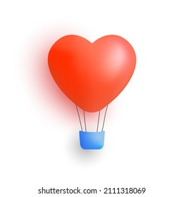 Love heart for Valentines Day. Air balloon in 3d cartoon style. Aerostat. Vector illustration.