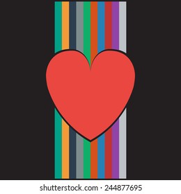 Love. Heart. Valentines day card. Romantic Pattern. Heart on a Black Background With Vertical Colored Lines. Vector Illustration