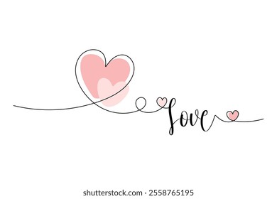 Love, heart, valentines day. Line drawing, one solid line and text. for greeting card design