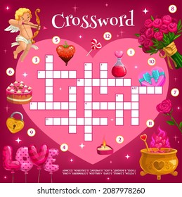 Love heart vector crossword with cake, hearts and sweets, flowers and magic potion. Crossword grid worksheet or find a word quiz game template with Valentine Day romantic holiday Cupid and gifts