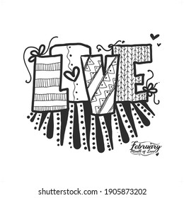 amor, corazón, ilustración vectorial dibujo de mano, doodle, para el especial de día de San Valentín, corazón corbata negro y blanco y todo el "amor"