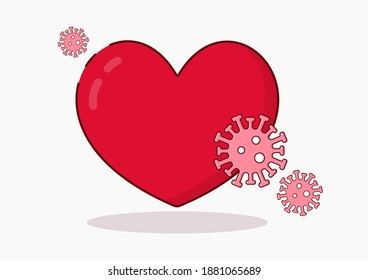 Love heart and virus molecule. Valentin's day vs coronavirus. Heart symbol of love.