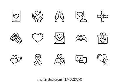 Love and heart, wedding ring, hand, couple, proposal, romance vector linear icons set. Simple set of Love contains such Icons as romantic letter, happy couple, friendship, handshake, gift and more.