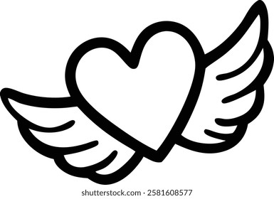 Love Heart with Wings in Simple Line Art Silhouette Design