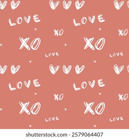 Love heart xo pink peachy seamless pattern. Hand drawn abstract seamless trendy pattern. Sketch love xo hearts wallpaper