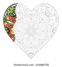 Love Heart. Zentangle style ornate heart for adult and older children coloring book. Tribal ethnic mandala pattern, outline drawing. Hand drawn ornament for coloring page, doodle vector illustration