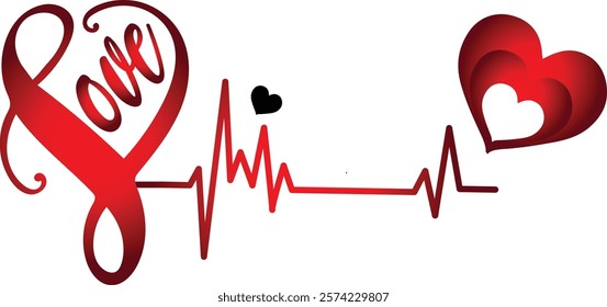 Love Heartbeat Design ,Romantic Pulse Art ,Heartbeat Love Symbol