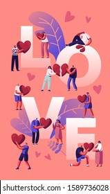 Love and Heartbreak Concept. Happy Couples Sparetime, Holding Heart. Unhappy Heartbroken People Parting, Divorce, End of Relations Poster Banner Flyer Brochure. Cartoon Flat Vector Illustration
