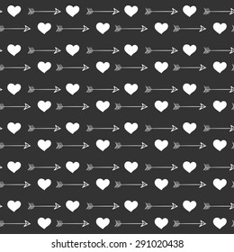 Love hearts and arrows seamless pattern hand drawing. Black and white background vector illustration