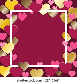 Love Hearts background. Romantic card. Golden and Pink heart shapes.
