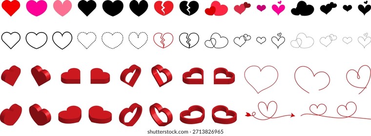 Paquete de corazones de amor para el día de San Valentín con estilos de contorno rotos dibujados a mano en 3D