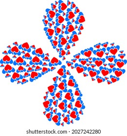 Love hearts centrifugal flower cluster. Element cluster organized from oriented love hearts items. Vector flower collage in flat style.