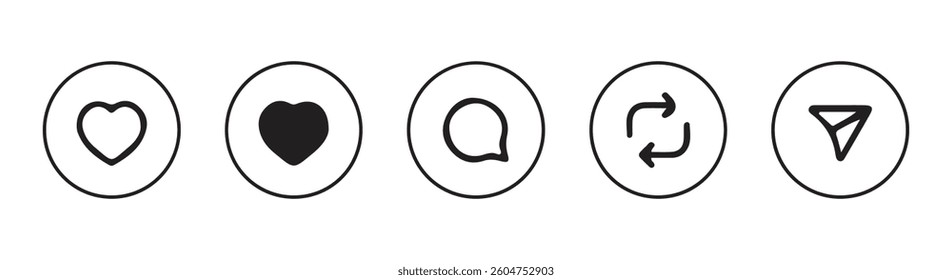 Love, Hearts, Comment, Share Black liner icon set. Vector illustration Eps 10
