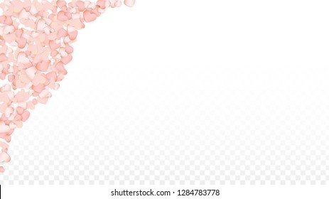 Love Hearts Confetti Falling Background. St. Valentine's Day pattern Romantic Scattered Hearts. Vector Illustration for Cards, Banners, Posters, Flyers for Wedding, Anniversary, Birthday Party, Sales.
