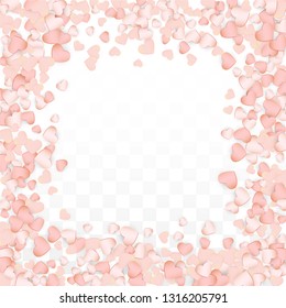 Love Hearts Confetti Falling Background. St. Valentine's Day pattern Romantic Scattered Hearts. Vector Illustration for Cards, Banners, Posters, Flyers for Wedding, Anniversary, Birthday Party, Sales.