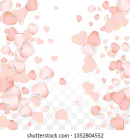 Love Hearts Confetti Falling Background. St. Valentine's Day pattern Romantic Scattered Hearts. Vector Illustration for Cards, Banners, Posters, Flyers for Wedding, Anniversary, Birthday Party, Sales.