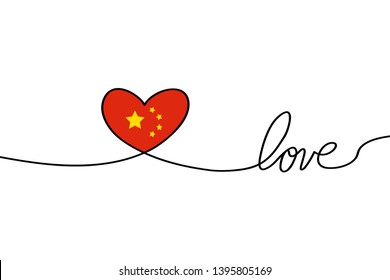Love with hearts in continuous drawing lines in a flat style in continuous drawing lines and hinese flag. Continuous black line. The work of flat design. Symbol of love and tenderness